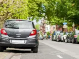 Graues Auto parkt am abgesenkten Bordstein. Mehrere Autos reihen sich die Straße entlang unter grünen Bäumen.
