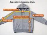 Szara bluza z kapturem, rozmiar M, z miarką pokazującą jak zmierzyć szerokość pod pachami (A), długość bluzy (B), długość rękawa (C) i szerokość w ramionach (D).