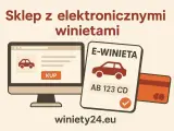 Sklep z e-winiety Czechy gdzie kupić. Komputer z przyciskiem "KUP", e-winieta z numerem rejestracyjnym i karta płatnicza.