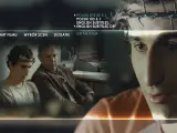 Mężczyzna z koroną cierniową na głowie, jakby wszyscy jesteśmy chrystusami, siedzi obok starszego mężczyzny. Menu filmu wyświetla opcje.