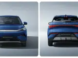 Niebieski SUV BYD ATTO 3 EVO widziany z przodu i z tyłu.