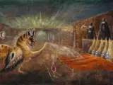 Œuvres d'art de Leonora Carrington : une créature hybride crache sur des têtes flottantes devant des figures en robe.