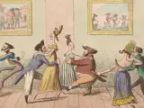 Karikatur von Paaren, die ausgelassen den Walzer tanzen. Ein Musiker spielt Geige, während Hunde im Hintergrund tanzen.