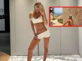 Agata Sieramska pozuje w białym sportowym komplecie, prezentując wyrzeźbiony brzuch. W małym kadrze widać ją w słomkowym kapeluszu na tle śródziemnomorskiego krajobrazu.