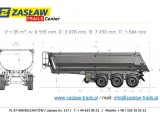 Rysunek techniczny naczepy ZASŁAW z wymiarami: V=25m³, A=9105mm, E=2978mm, B=7450mm, F=1584mm.