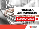 Ręce nad klawiaturą laptopa, nad nimi grafiki z danymi. Na białym tle napis "PROMESA ZATRUDNIENIA" i "DARMOWY WZÓR".
