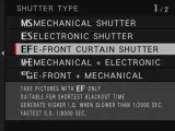 Menu aparatu: wybór migawki. Podświetlona opcja "EF-FRONT CURTAIN SHUTTER" - migawka elektroniczna z przednią kurtyną.