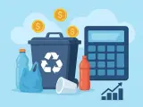 Kosz na śmieci z symbolem recyklingu, butelki, kubek, kalkulator i monety. Utylizacja co to? To sposób na oszczędzanie i zarabianie.