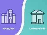 Grafik zeigt Gebäude für HAW/FH und Universität. Der Unterschied zwischen Hochschule und Uni wird visuell dargestellt.