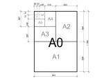 Diagramm der ISO A-Reihe, von A0 bis A8, mit Maßen. Ein A4-Blatt ist ein Teil davon.
