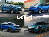 Cztery różne modele suv kia w odcieniach niebieskiego i turkusowego, prezentowane w różnych sceneriach.