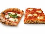 Dwie kromki pizzy: jedna okrągła z bazylią, druga prostokątna. Prawdziwy smak najlepszej pizzy w Rzymie.