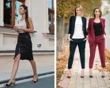 Kobiety w eleganckich stylizacjach, jedna w czarnej spódnicy i topie, druga w granatowym i bordowym garniturze. Casualowy styl na co dzień.