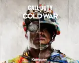 Plakat gry Call of Duty Black Ops Cold War z kolażem propagandowych obrazów z epoki zimnej wojny, w tym radzieckiego kosmonauty i symboli ZSRR.