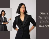 A woman models different shirts to wear under a blazer, showcasing a classic white button-down and a lace camisole.