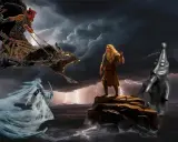 Mitologia germańska bogowie: Thor na rydwanie, Odyn na skale i piękna bogini z łukiem.
