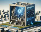 Futurystyczny budynek z widocznym wnętrzem pełnym mechanizmów i niebieskich świateł, przypominający złożony system. To wizualizacja **facade pattern** w architekturze oprogramowania.