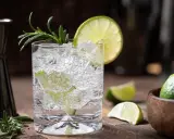 Erfrischende Gin Tonic Mischung mit Eis, Limettenscheiben und Rosmarin garniert.