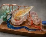 Modello artistico di fegato, pancreas e intestino, con flussi blu e rossi che simboleggiano la bile e altri fluidi digestivi, evidenziando la bile funzione.