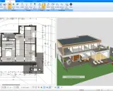 Grundriss und 3D-Modell eines barrierefreien Hauses mit Außenansicht.