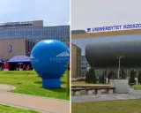 Uczelnie Rzeszów: Politechnika Rzeszowska i Uniwersytet Rzeszowski. Na pierwszym planie niebieski balon.