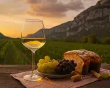Ein Glas Pino Grigio steht neben Trauben und Brot auf einem Tisch vor einem Weinberg bei Sonnenuntergang.