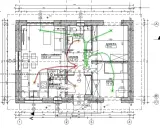 Projekt instalacji wentylacji mechanicznej z odzyskiem ciepła w mieszkaniu. Zielone linie pokazują nawiew, czerwone wywiew.