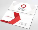 Dwie wizytówki z nowoczesnym, czerwono-białym wzorem. Jedna zawiera logo i napis "SAMPLE LOGO", druga dane kontaktowe i nazwisko "James Smith CEO". Idealny papier do wizytówek.