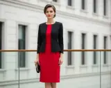 Elegancka kobieta w czerwonej sukience i czarnym żakiecie, idealna stylizacja jaki żakiet do czerwonej sukienki na wesele.