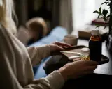 Persona cuida a un niño enfermo, con un termómetro, jarabe y pastillas de paracetamol niños.