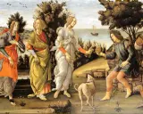Das Urteil des Paris: Paris reicht der Göttin Venus einen goldenen Apfel. Drei Göttinnen, Schafe und eine Stadtkulisse sind dargestellt.