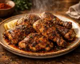Sabroso pollo cajun humeante en un plato rústico, con gajos de limón y un cuenco de pimentón al fondo.