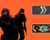 Dwóch graczy CS:GO z pomarańczowymi okularami, gotowych do akcji. Obok nich ikony rang: Srebrny II i Global Elite.