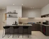 Elegantes diseños cocinas con isla, barra de desayuno, vinoteca y electrodomésticos modernos.