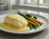 Filet de poisson nappé d'une onctueuse sauce beurre blanc, accompagné de légumes verts et de carottes.