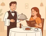 Un camarero sonriente presenta un plato cubierto a una clienta que lee el menú. El **food service** en acción, una experiencia culinaria.