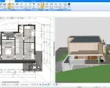 Grundriss und 3D-Ansicht eines modernen Hauses, das Dach wird gezeichnet.