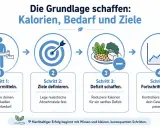 Schritt-für-Schritt-Anleitung für abnehmen in 4 wochen: Bedarf ermitteln, Ziele setzen, Kaloriendefizit schaffen, Fortschritt kontrollieren.