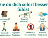 Sechs Illustrationen zeigen, was tun gegen Aufregung: Lesen bei Erschöpfung, Bewegung bei Traurigkeit, Schlafen bei Müdigkeit, Spazierengehen bei Stress, Meditation bei Angst, Bildschirmzeit reduzieren, Musik hören bei Wut.