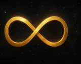 Un simbolo dorato dell'otto infinito brilla su uno sfondo scuro costellato di piccole luci scintillanti, evocando un senso di eternità.