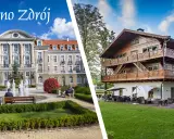 Szczawno Zdrój sanatorium: okazały budynek i drewniana willa z tarasem i ogródkiem.