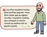 Un hombre calvo con barba sonríe. Un texto en un bocadillo explica que la crianza respetuosa implica dar límites a los niños para que se sientan seguros.