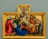 A dramatic religious painting, likely from a museum, depicts the descent from the cross with figures in rich robes surrounding a fallen Christ.