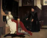 Erik 14, en ung flicka, sitter vid en säng med en man i rött. En munk i svart klädnad står bredvid och pekar.
