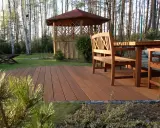 Drewniany taras z meblami i altaną w ogrodzie. Świetny pomysł na tani taras, który doda uroku Twojej przestrzeni.
