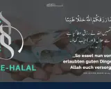 Hände halten Euro-Scheine. Ein Kreis mit einem stilisierten "S" und der Aufschrift "RIZQ-E-HALAL" symbolisiert den islamischen Begriff für erlaubten Lebensunterhalt. Der Koranvers betont, dass man von dem essen soll, was Allah als erlaubten und guten R...