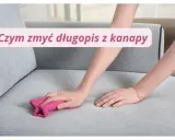 Ręka z różową ściereczką czyści szarą kanapę, pokazując, czym zmyć długopis z kanapy.