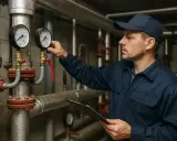 Technik sprawdza ciśnienie na manometrach w kotłowni, przygotowując blok do okresu grzewczego.