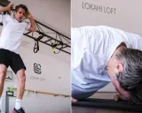 Mężczyzna wykonuje burpee, ćwiczenie znane z intensywności. Widać go w dwóch fazach: w powietrzu i w pozycji deski.