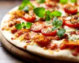 Pyszna pizza bez drożdży z pomidorkami koktajlowymi i świeżą bazylią, idealna na szybki obiad.